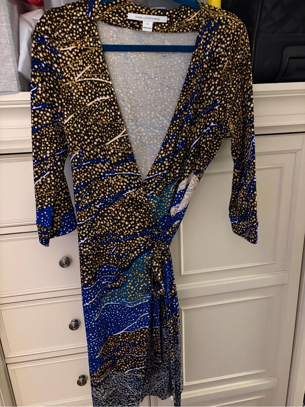 Diane von Furstenberg Blue, Black & Gold Wrap Midi Dress